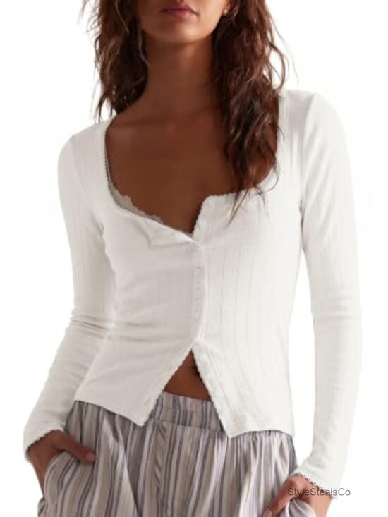 Tops - Women's Ribbed Button Down Long Sleeve Picot Trim Tight Tee Shirt